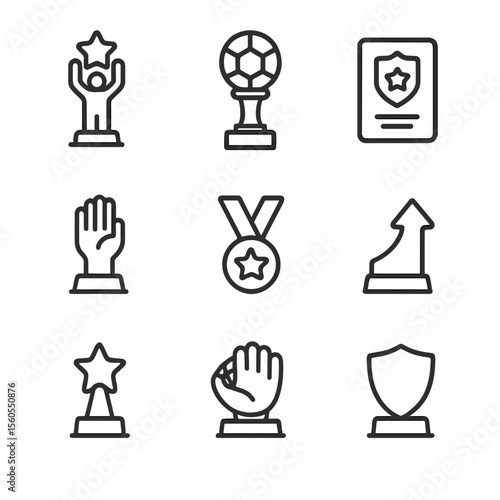 Sports Awards Icons. Outline icon set of sports awards: MVP award, Rookie of the Year trophy, Coach of the Year plaque, Fair Play