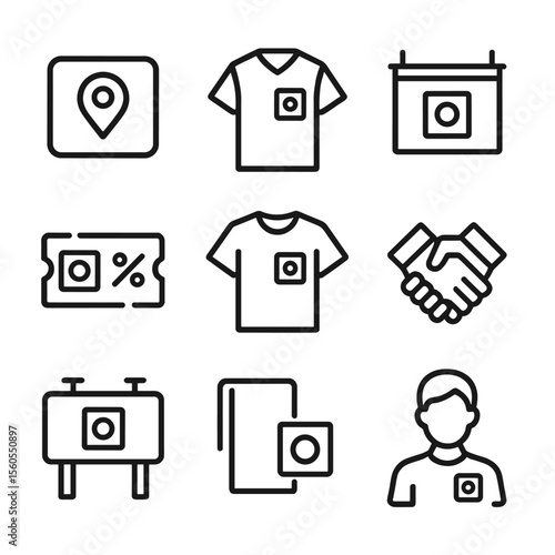 Sponsorship Icon Set. Outline icon set of sponsorship and branding: sponsor logo, branded jersey, ad banner, promo code,