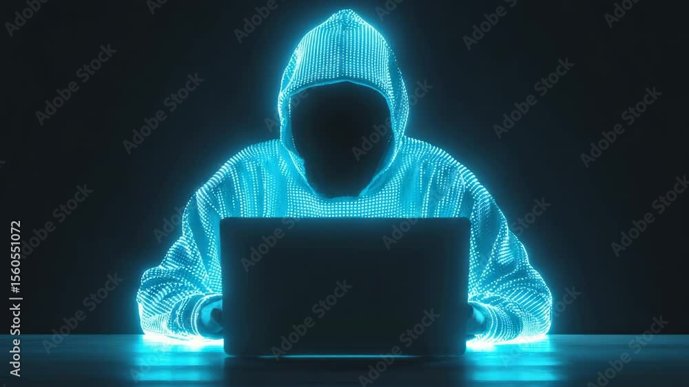 Cybersecurity Threat Visualization, Anonymous Figure with Blue Neon Glow and Illuminated Laptop for Digital Security and Hacker Concept