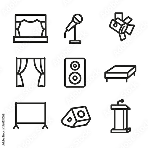 Stage Setup Icons. Outline icon set of stage setup for family talent show: stage, microphone stand, spotlight, curtain, speaker,