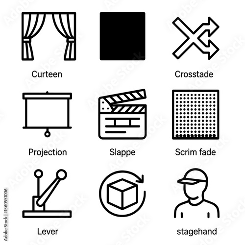 Stage Transition Icons. Outline icon set of scene transition cues: curtain rise icon, blackout icon, crossfade symbol, projection
