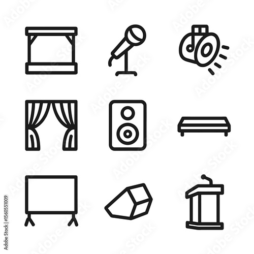 Stage Setup Icons. Outline icon set of stage setup for family talent show: stage, microphone stand, spotlight, curtain, speaker,