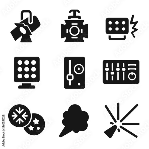 Stage Lighting Icons. Solid, filled icon set of stage lighting effects: spotlight beam, colored gels, strobe light, floodlight,