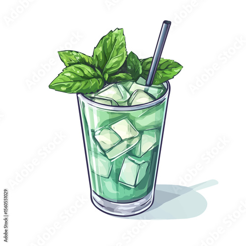 Mint Julep, vector graphic, 2D flat isometric cartoon illustration on white background.
