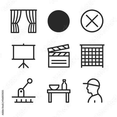 Stage Transition Icons. Outline icon set of scene transition cues: curtain rise icon, blackout icon, crossfade symbol, projection