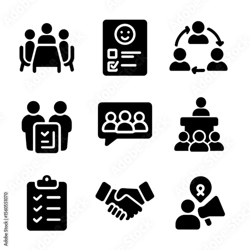 Stakeholder Icon Set. Solid, filled icon set of stakeholder engagement: meeting table, feedback form, collaboration, report