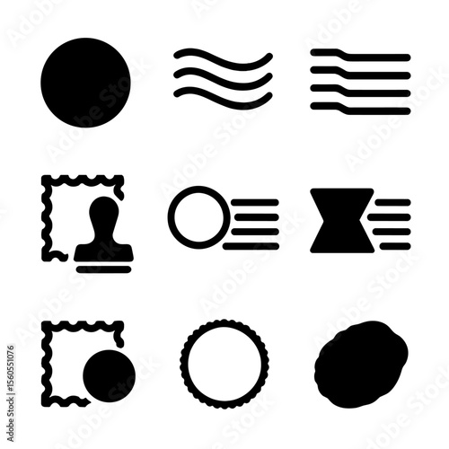 Stamp Cancellation Icons. Solid, filled icon set of stamp cancellation types: circular postmark, wavy lines, machine cancel, hand