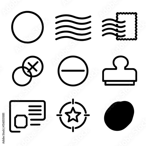 Stamp Cancellation Icons. Solid, filled icon set of stamp cancellation types: circular postmark, wavy lines, machine cancel, hand