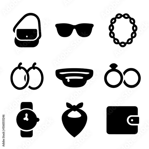 Street Fashion Icons. Solid, filled icon set of street fashion accessories: crossbody bag, sunglasses, chain necklace, hoop