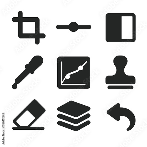 Photo Editing Icons. Solid, filled icon set of photo editing tools: crop icon, brightness slider, contrast bar, color picker,