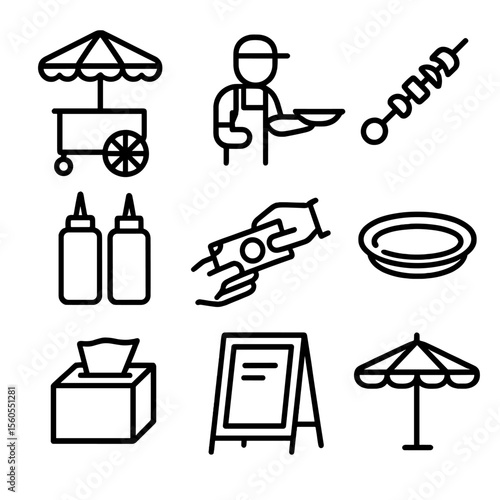 Street Food Vendor Icons. Outline icon set of Street Vendor Sharing Food: food cart, vendor handing plate, skewer, condiment