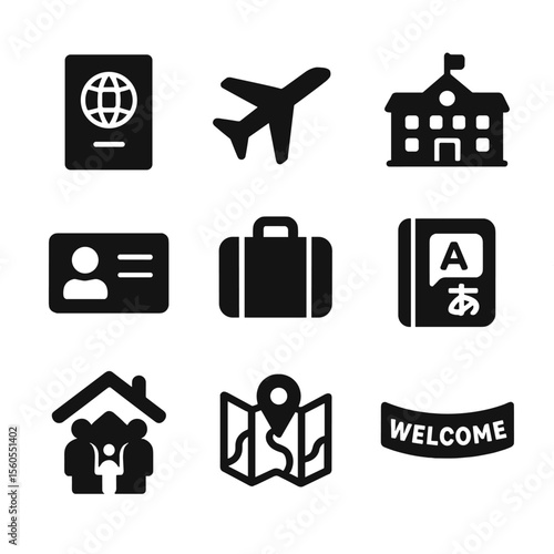 Student Exchange Icons. Solid, filled icon set of student exchange programs: passport, airplane, school building, student ID,