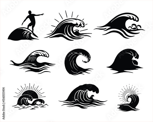 A collection of black and white silhouette surf waves, some featuring a surfer.