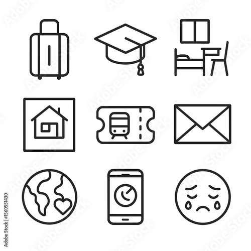 Student Homesickness Icons. Outline icon set of student homesickness: suitcase, diploma cap, empty dorm room, photo of home, train