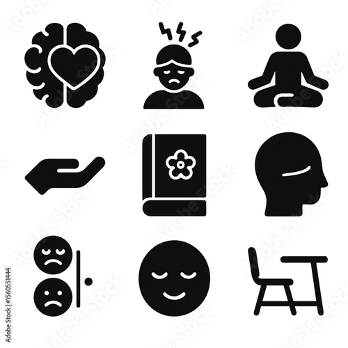 Student Mental Health Icons. Solid, filled icon set of student mental health: brain with heart, stressed student, meditation pose,