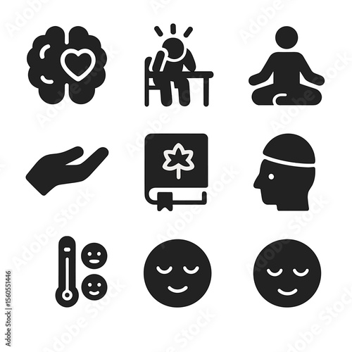 Student Mental Health Icons. Solid, filled icon set of student mental health: brain with heart, stressed student, meditation pose,