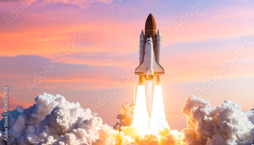 Fototapeta Naklejka Na Ścianę i Meble -  Rocket taking off against pink sunset sky