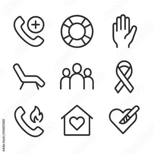 Suicide Prevention Icons. Outline icon set of suicide prevention: help hotline, lifebuoy, hand reaching out, therapy chair,
