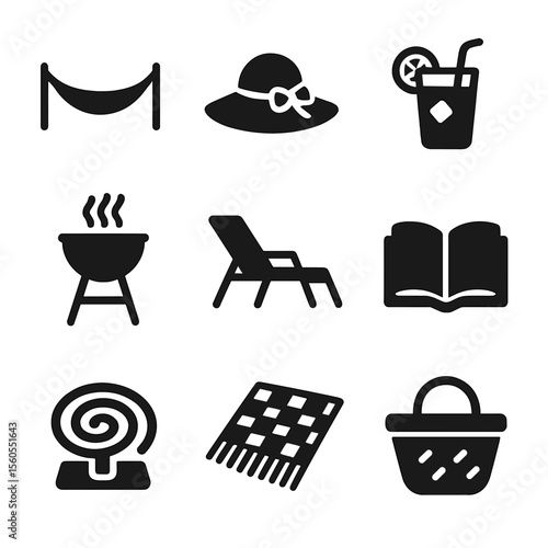 Summer Relaxation Icons. Solid, filled icon set of summer relaxation at the dacha: hammock, sunhat, lemonade glass, outdoor grill,