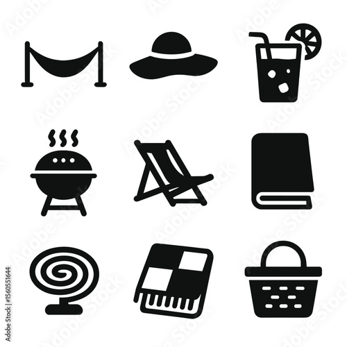 Summer Relaxation Icons. Solid, filled icon set of summer relaxation at the dacha: hammock, sunhat, lemonade glass, outdoor grill,