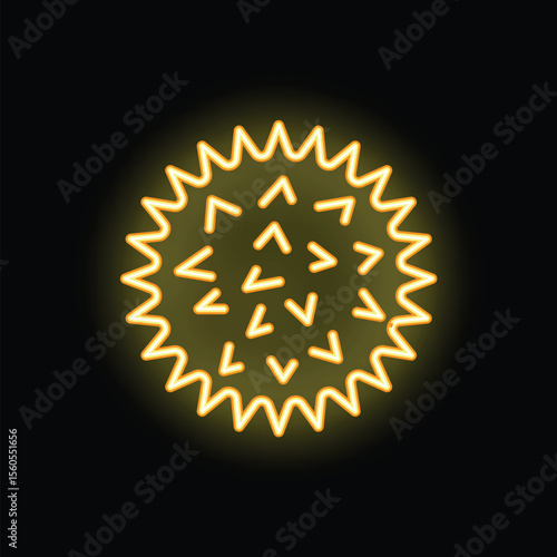Bright yellow neon sign in the shape of a virus, bacteria, or spore is glowing on a black background