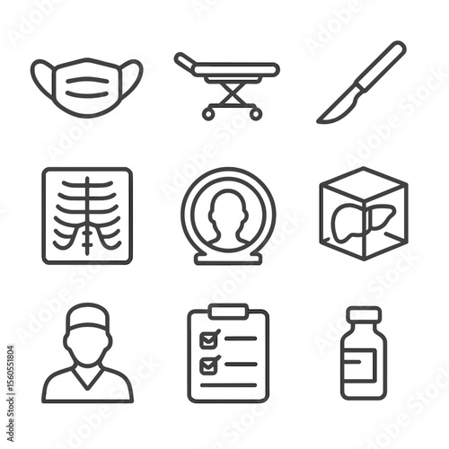 Surgical Planning Icons. Outline icon set of surgical treatment planning: surgery mask, operating table, scalpel, X-ray image, CT