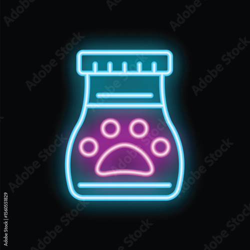 Bright neon icon of dog food bag with paw print glowing on dark background