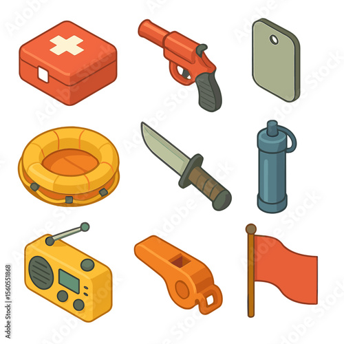 Survival Gear Icons. Isometric Flat icon set of safety and survival: first-aid kit, flare gun, signal mirror, life raft, survival