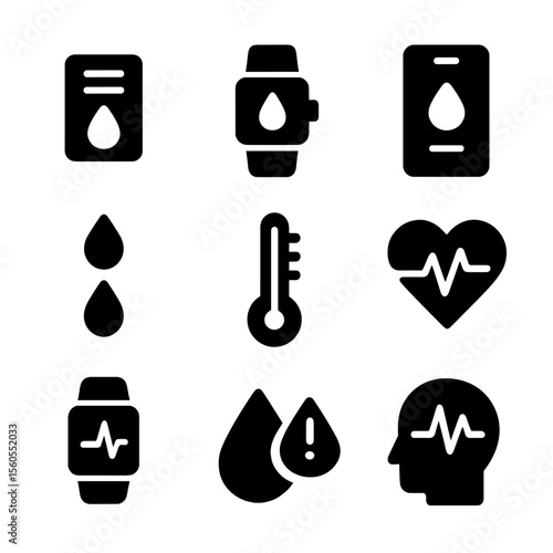 Sweat Monitoring Icon Set. Solid, filled icon set of sweat measurement and monitoring: sweat sensor, wristband monitor, health app