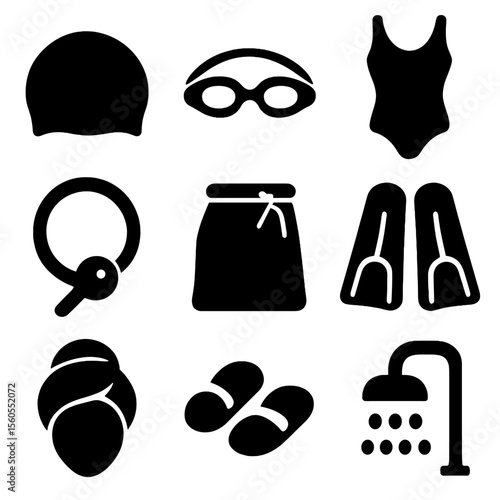 Swimming Gear Icons. Solid, filled icon set of swimming pool locker room: swim cap, goggles, swimsuit, locker key band, wet bag,