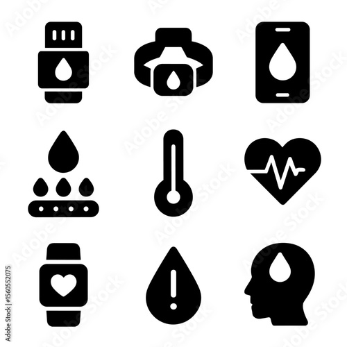 Sweat Monitoring Icon Set. Solid, filled icon set of sweat measurement and monitoring: sweat sensor, wristband monitor, health app