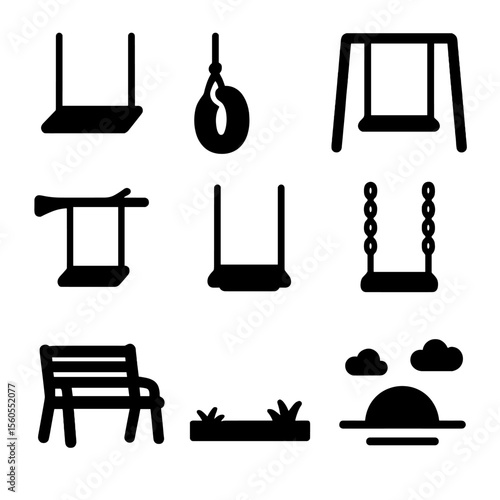 Swing Icon Grid. Solid, filled icon set of empty swing scenes: wooden swing, rope swing, playground frame, tree branch, empty seat