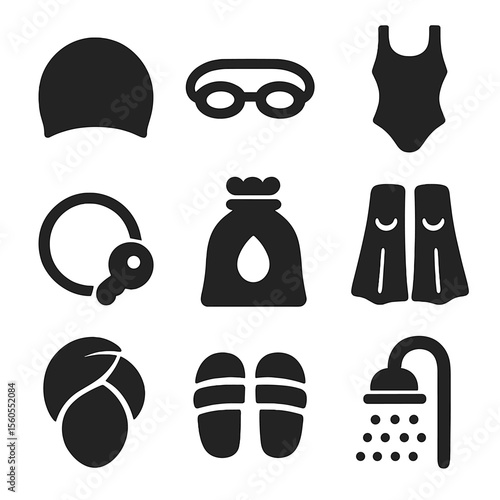 Swimming Gear Icons. Solid, filled icon set of swimming pool locker room: swim cap, goggles, swimsuit, locker key band, wet bag,