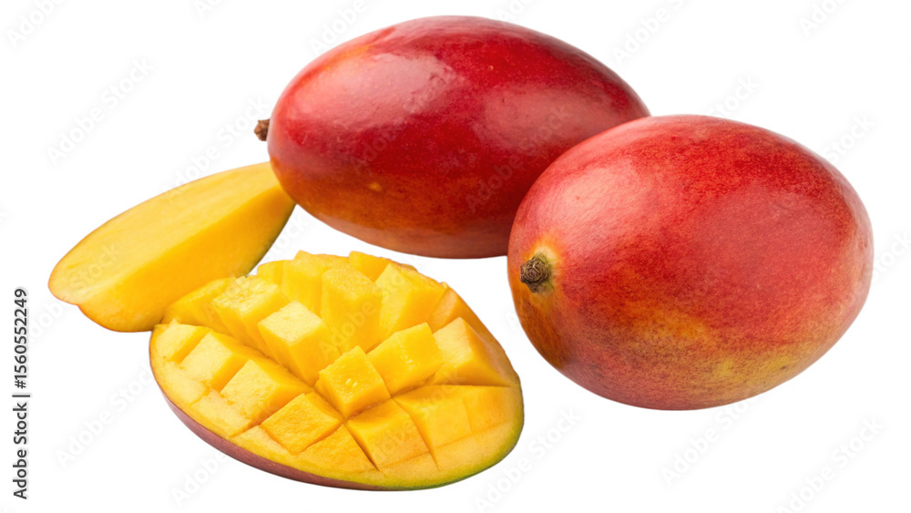 Two mangoes with cut slices isolated on transparent background Two mangoes with cut slices isolated on transparent background