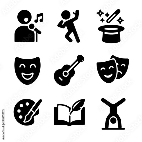 Talent Show Icons. Solid, filled icon set of talent show categories: singing, dancing, magic tricks, comedy, instrument playing,