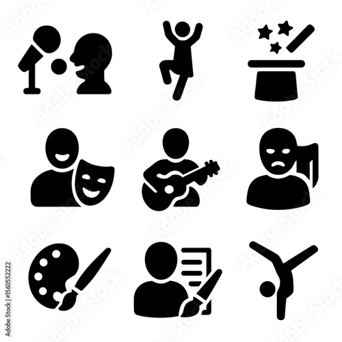 Talent Show Icons. Solid, filled icon set of talent show categories: singing, dancing, magic tricks, comedy, instrument playing,