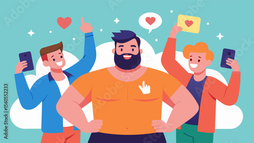 A movement of men on social media posting selfies with body positive captions inspiring others to love themselves just the way they are.. Vector illustration