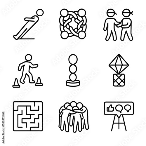 Team Building Icons. Outline icon set of team building games: trust fall silhouette, human knot arms, blindfold guiding, minefield