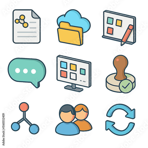 Team Collaboration Icons. Isometric Flat icon set of Team Collaboration Platforms: shared document, cloud storage folder, virtual