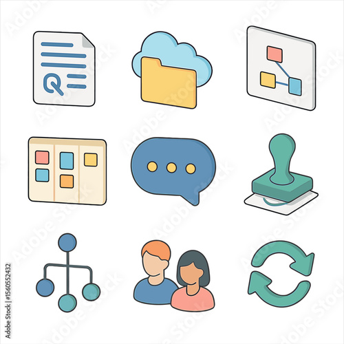 Team Collaboration Icons. Isometric Flat icon set of Team Collaboration Platforms: shared document, cloud storage folder, virtual