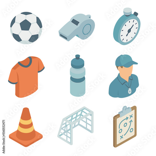 Team Sports Icon Set. Isometric Flat icon set of team sports practice discipline: soccer ball, whistle, stopwatch, team jersey,