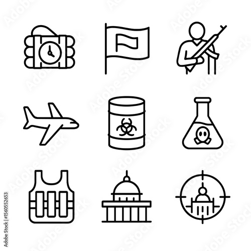 Terrorism Threat Icons. Outline icon set of Terrorism-Related Threats: explosive device icon, extremist flag, armed silhouette,