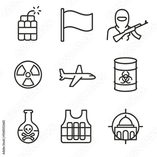 Terrorism Threat Icons. Outline icon set of Terrorism-Related Threats: explosive device icon, extremist flag, armed silhouette,