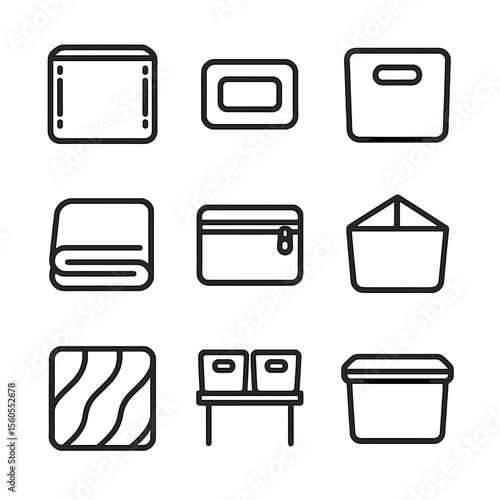 Textile Storage Icons. Outline icon set of textile storage bins: fabric bin, label tag, cut-out handle, folded blanket, zipper