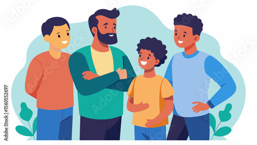 A support group for fathers helping them navigate how to discuss body image with their sons and be positive role models for selflove and acceptance.. Vector illustration