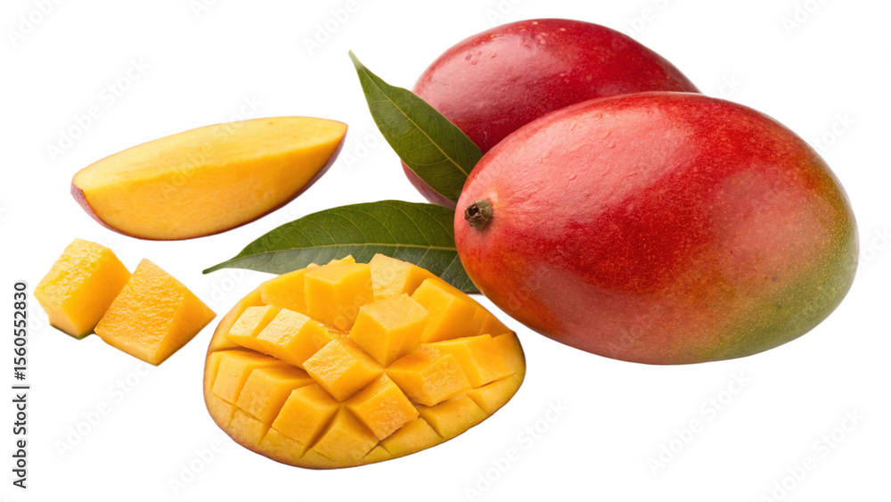 Two mangoes with slices and leaves isolated on transparent background Two mangoes with slices and leaves isolated on transparent background