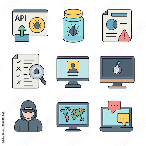 Threat Intelligence Icons. Isometric Flat icon set of threat intelligence operations: threat feed API, malware sample jar,