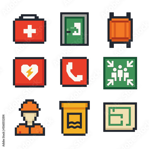 Emergency Icons Grid. Pixel art icon set of emergency response planning: first aid kit, emergency exit door, rescue stretcher,