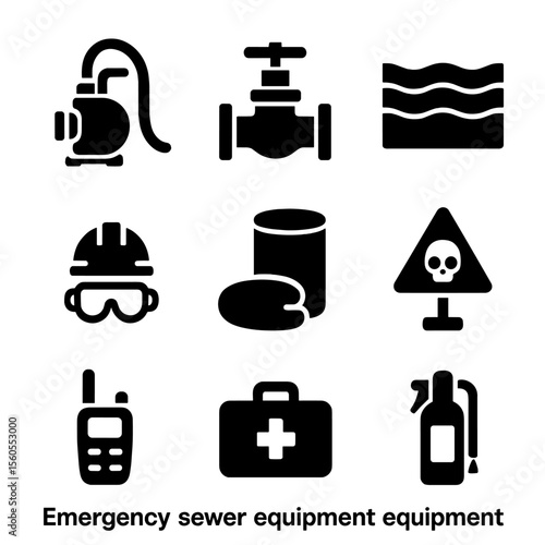 Emergency Sewer Icons. Solid, filled icon set of emergency sewer equipment: bypass pump, emergency valve, containment barrier,