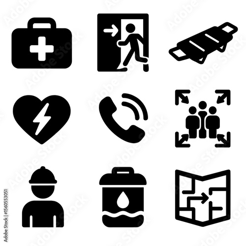 Emergency Icon Set. Solid, Filled icon set of emergency response planning: first aid kit, emergency exit door, rescue stretcher,